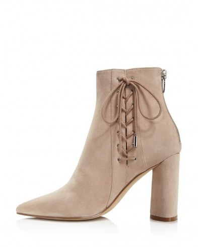 KENDALL + KYLIE Gretchen Pointed Toe Block Heel Booties in natural – block heel ankle boots – suede footwear – high heeled boots - flipped