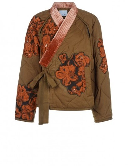 3.1 PHILLIP LIM Khaki Floral Appliqué Utility Jacket green ~ kimono inspired jackets ~ casual luxe ~ wrap style outerwear ~ designer fashion ~ quilted fabric ~ stand out from the crowd - flipped