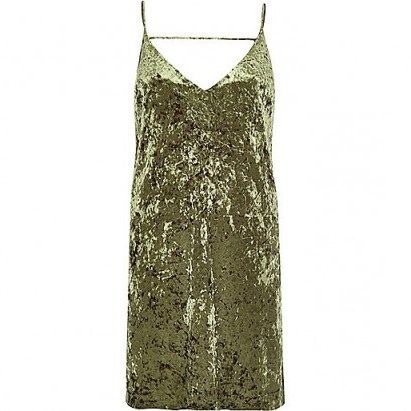 River Island Khaki-green marble velvet mini slip dress. Thin strap cami dresses | dress up or down | going out glamour | on trend fashion | velvet & strappy trending now - flipped