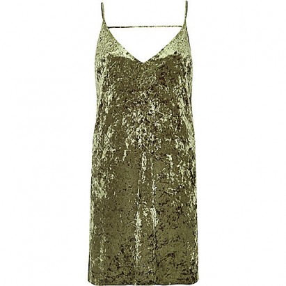 River Island Khaki-green marble velvet mini slip dress. Thin strap cami dresses | dress up or down | going out glamour | on trend fashion | velvet & strappy trending now