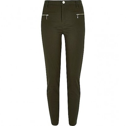 River Island Khaki twill skinny zip trousers. Womens casual pants | dark green autumn colours | autumnal tones | on trend fashion - flipped