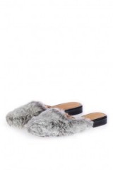 KREW Grey Furry Low Heel Mule. Faux fur mules | fluffy flats | on trend shoes | trending flats | slip on style | autumn slip ons