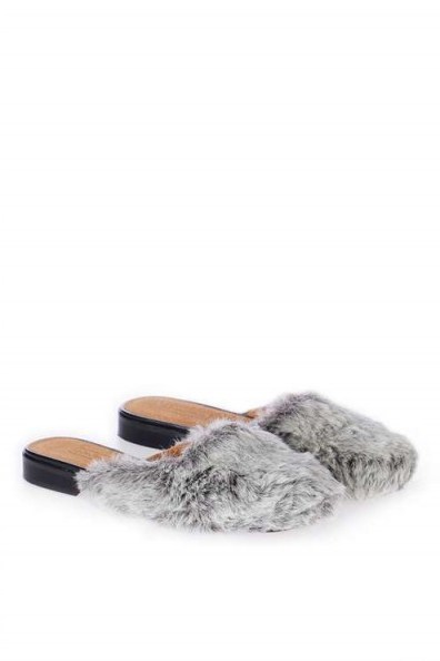 KREW Grey Furry Low Heel Mule. Faux fur mules | fluffy flats | on trend shoes | trending flats | slip on style | autumn slip ons - flipped