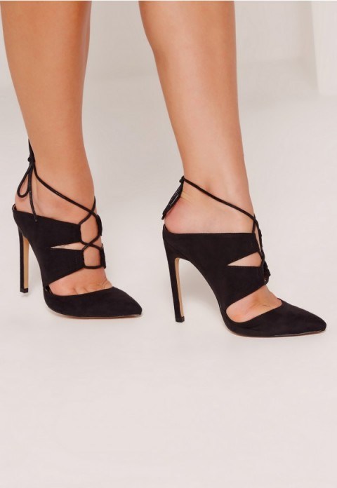 missguided lace up court mule in black. Lace ties ~ high heels ~ going out shoes ~ stiletto heeled mules ~ pointed toe courts ~ evening glamour - flipped
