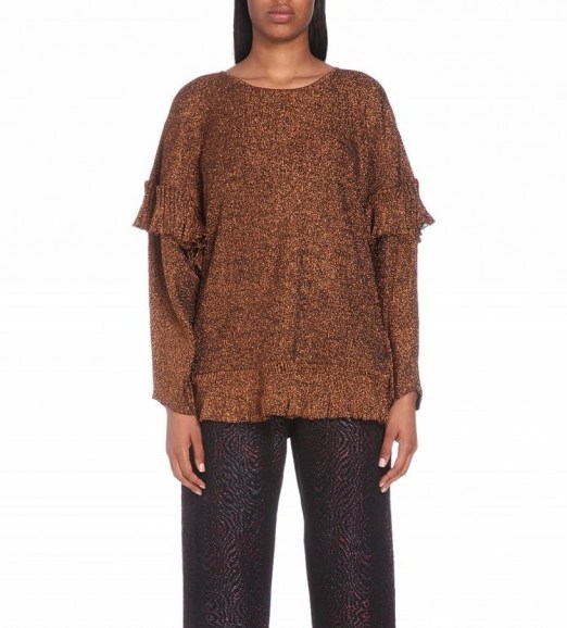 LANVIN Frilled metallic-knit jumper brass – luxe knitwear – luxury ruffled jumpers – ruffle detail sweater – designer sparkle sweaters – relaxed fit – frill trim – autumn tones – winter colours – womens feminine fashion - flipped