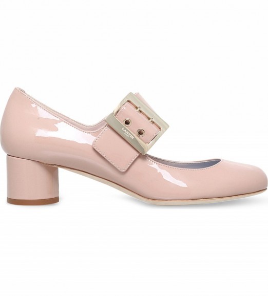LANVIN Mary jane leather courts – nude patent mary janes – block mid heels – designer shoes – oversized buckle – thick strap