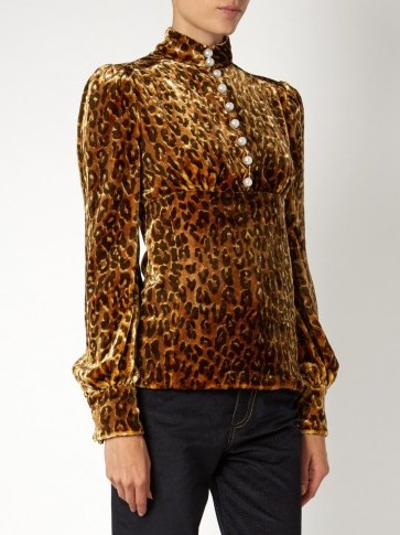 HILLIER BARTLEY Leopard-print velvet blouse ~ Victoriana style blouses ~ high neck ~ Autumn tones ~ autumnal colours ~ soft rich fabric ~ womens designer tops ~ animal prints ~ pearl buttons ~ button front - flipped