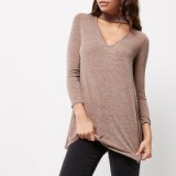 River Island Light brown knit choker top. Womens on trend tops | cut out front tees | relaxed fit t-shirts | long sleeved | casual autumn chic | affordable fashion |