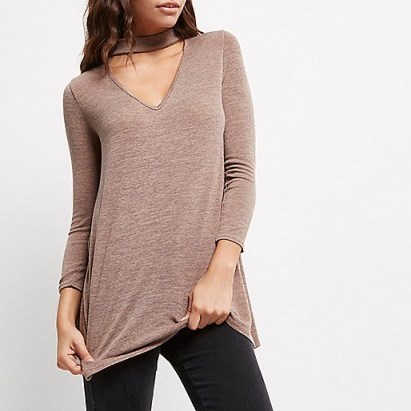 River Island Light brown knit choker top. Womens on trend tops | cut out front tees | relaxed fit t-shirts | long sleeved | casual autumn chic | affordable fashion | - flipped