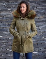 LIPSY LOVE MICHELLE KEEGAN KHAKI FAUX FUR PARKA. Stylish parkas | fur trim hood | warm hooded coats | autumn outerwear