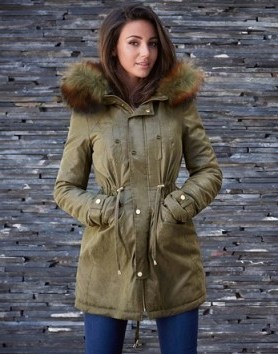 LIPSY LOVE MICHELLE KEEGAN KHAKI FAUX FUR PARKA. Stylish parkas | fur trim hood | warm hooded coats | autumn outerwear - flipped