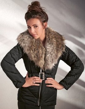 LIPSY LOVE MICHELLE KEEGAN SHAWL FUR BLACK PUFFER JACKET. Warm belted jackets | quilted puffa | stylish outerwear | on trend fashion - flipped