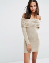 Michelle Keegan Loves Lipsy Off Shoulder Jumper Dress Tan ~ Off the shoulder knitwear ~ bardot mini dresses ~ fitted sweater dresses ~ autumn fashion ~ bodycon style