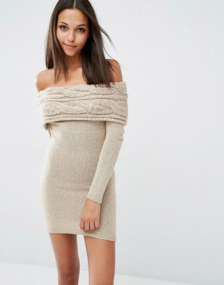 Michelle Keegan Loves Lipsy Off Shoulder Jumper Dress Tan ~ Off the shoulder knitwear ~ bardot mini dresses ~ fitted sweater dresses ~ autumn fashion ~ bodycon style - flipped