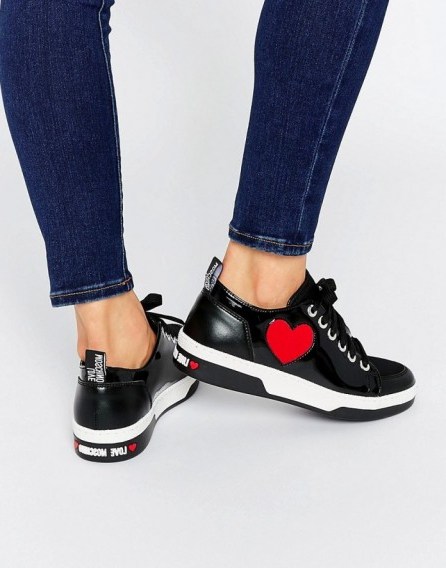 Love Moschino Black with Red Heart Patent Trainers ~ hearts ~ sports shoes ~ casual fashion ~ designer footwear ~ sports luxe - flipped