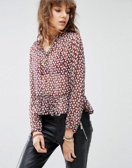 Maison Scotch Sheer blouse with peplum red ~ see-through autumn blouses ~ frill hem tops ~ floral printed fashion ~ on trend ~ feminine style clothing - flipped