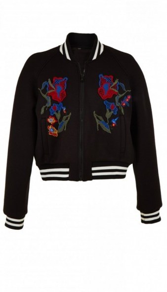 Tibi MARISOL EMBROIDERED BOMBER BLACK. Casual jackets | on-trend outerwear | sports luxe fashion | floral embroidery - flipped