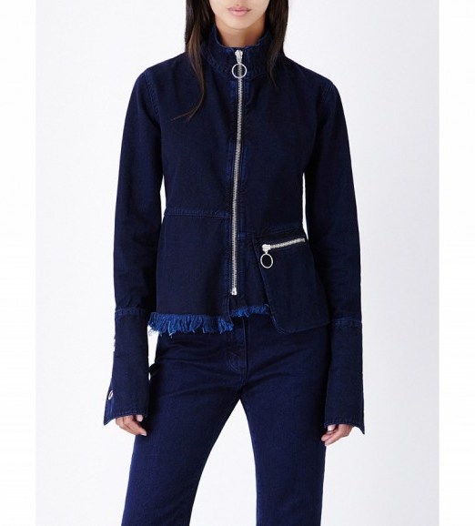 MARQUES ALMEIDA Frayed denim jacket indigo – contemporary style blue denim jackets – designer casual fashion – autumn outerwear - flipped