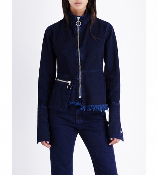 MARQUES ALMEIDA Frayed denim jacket indigo – contemporary style blue denim jackets – designer casual fashion – autumn outerwear