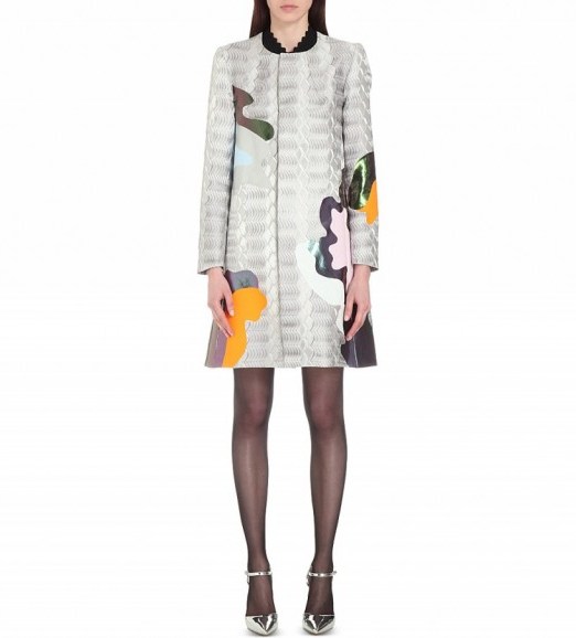 MARY KATRANTZOU A-line silver metallic-brocade coat – luxe designer coats – printed fashion – luxury outerwear - flipped