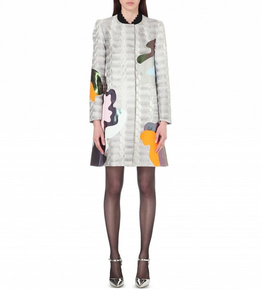 MARY KATRANTZOU A-line silver metallic-brocade coat – luxe designer coats – printed fashion – luxury outerwear