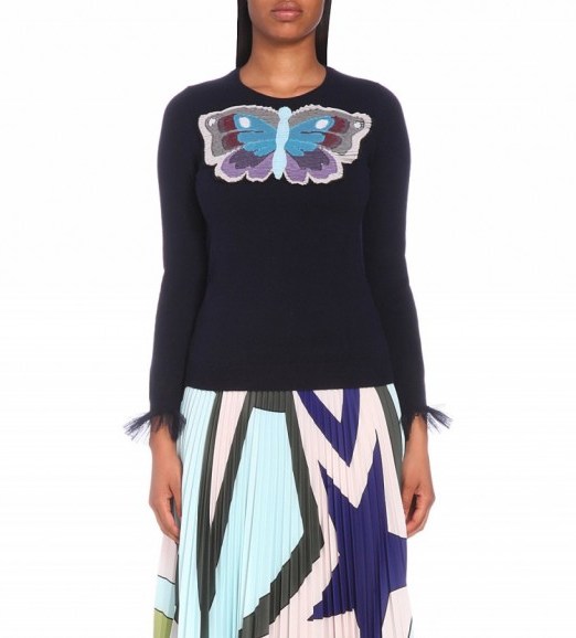 MARY KATRANTZOU Tuco cashmere jumper – designer knitwear – butterfly applique jumpers – luxury sweaters – long sleeves with frilled tulle trim – knitted fashion – round neck – crew style neckline - flipped