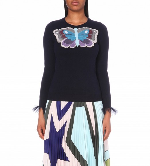 MARY KATRANTZOU Tuco cashmere jumper – designer knitwear – butterfly applique jumpers – luxury sweaters – long sleeves with frilled tulle trim – knitted fashion – round neck – crew style neckline