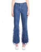 Olivia Palermo feathered jeans ~ Michael Kors Collection Ostrich-Feather Flared Ankle Jeans in Indigo – as worn by Olivia Palermo at the Michael Kors S/S 2017 show during New York Fashion Week, 14 September 2016. Celebrity blue denim | star style fashion | casual chic clothing | NYFW