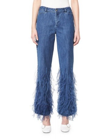 Olivia Palermo feathered jeans ~ Michael Kors Collection Ostrich-Feather Flared Ankle Jeans in Indigo – as worn by Olivia Palermo at the Michael Kors S/S 2017 show during New York Fashion Week, 14 September 2016. Celebrity blue denim | star style fashion | casual chic clothing | NYFW - flipped
