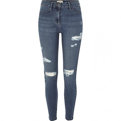 River Island Mid blue wash ripped Molly jeggings. Skinny jeans | denim leggings | destroyed | distressed | casual fashion | on trend clothing - flipped