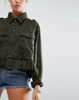 Milk It Vintage Cropped Military Jacket With Frill Hem khaki ~ on-trend casual jackets ~ Autumn outerwear ~ frilled hemline ~ ruffled ~ ruffles ~ womens trending fashion