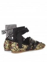 MIU MIU Mogador and patent-leather ballet flats black/gold. Luxe brocade flats | ribbon ties | ankle wrap footwear | designer flat shoes | floral print