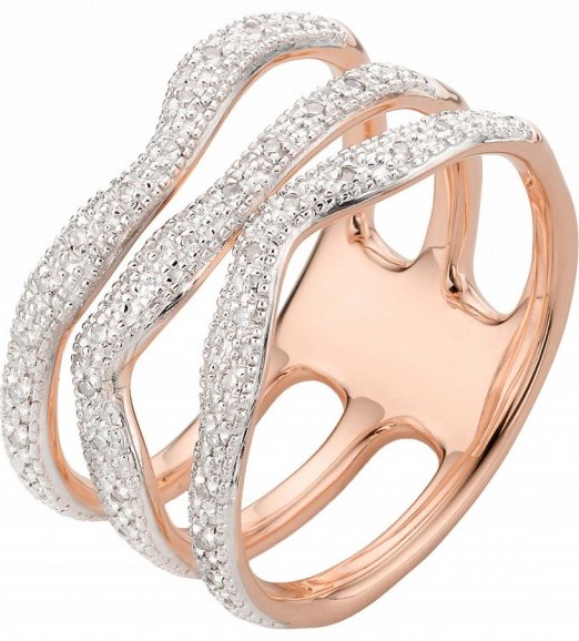 MONICA VINADER Riva wave rose-gold vermeil pavé diamond triple ring. Luxe style rings | womens contemporary jewellery | diamonds - flipped