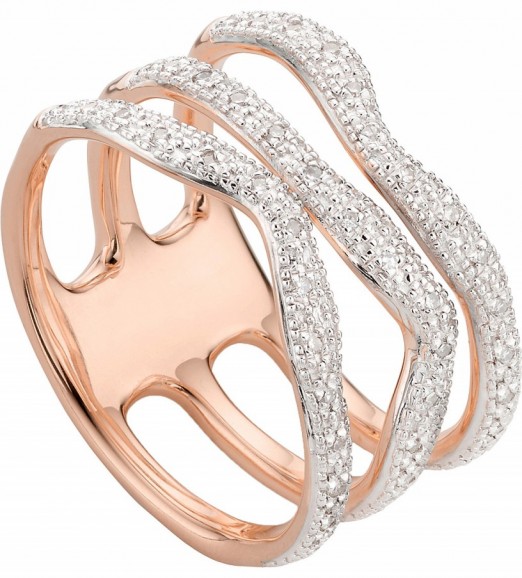 MONICA VINADER Riva wave rose-gold vermeil pavé diamond triple ring. Luxe style rings | womens contemporary jewellery | diamonds