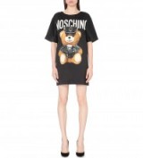 MOSCHINO Teddy bear-print stretch-satin dress – as worn by Ciara out in Milan during fashion week, September 2016. Celebrity dresses | star style fashion | t-shirt style | designer clothing
