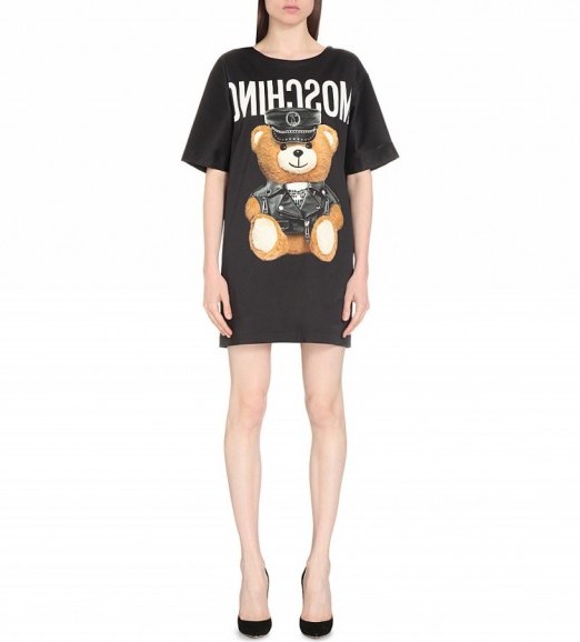 MOSCHINO Teddy bear-print stretch-satin dress – as worn by Ciara out in Milan during fashion week, September 2016. Celebrity dresses | star style fashion | t-shirt style | designer clothing - flipped