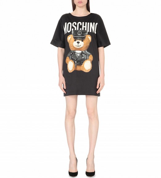 MOSCHINO Teddy bear-print stretch-satin dress – as worn by Ciara out in Milan during fashion week, September 2016. Celebrity dresses | star style fashion | t-shirt style | designer clothing