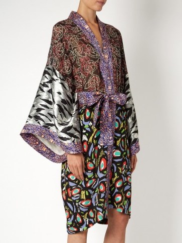 DURO OLOWU Multi-print wide sleeved kimono georgette dress with waist tie. Belted kimonos | semi sheer oriental style dresses | luxe fashion | multi-coloured silk and georgette fabric - flipped