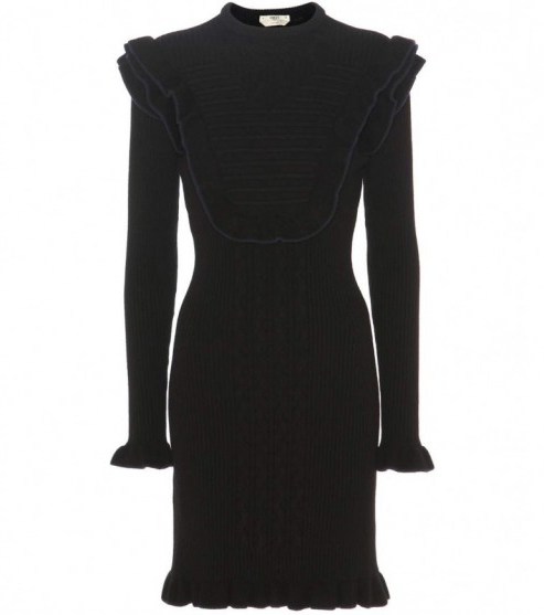 FENDI Wool-blend sweater dress black. Designer knitwear | knitted dresses | Autumn/Winter fashion | ruffled edging | navy ruffle trim | ruffles - flipped