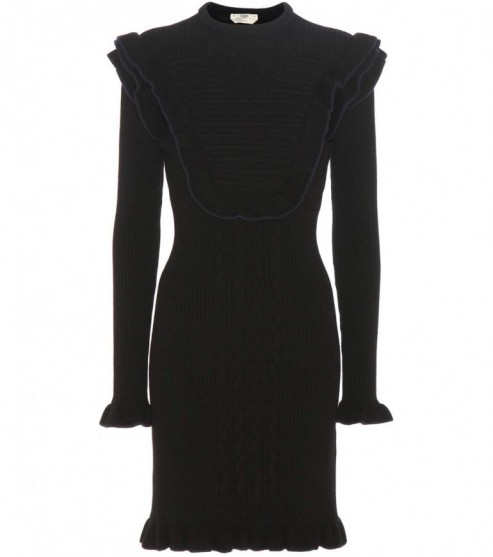 FENDI Wool-blend sweater dress black. Designer knitwear | knitted dresses | Autumn/Winter fashion | ruffled edging | navy ruffle trim | ruffles