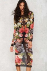 Nasty Gal Sheer by Nature Mesh Dress – floral printed midi dresses – see-through fashion – bodycon fit – snake & bird print – black mesh