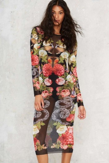Nasty Gal Sheer by Nature Mesh Dress – floral printed midi dresses – see-through fashion – bodycon fit – snake & bird print – black mesh - flipped