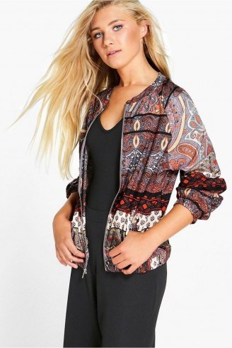 boohoo Natalia multi printed collarless bomber jacket. Lightweight casual jackets | on trend outerwear | autumn colours | mixed prints | affordable fashion - flipped