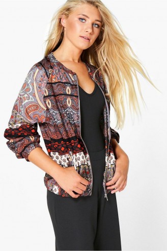 boohoo Natalia multi printed collarless bomber jacket. Lightweight casual jackets | on trend outerwear | autumn colours | mixed prints | affordable fashion