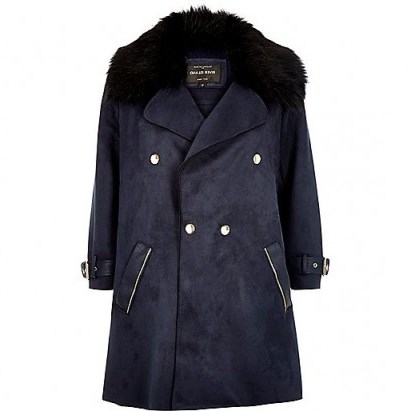River Island Navy blue faux fur trim double-breasted coat. Autumn/winter fashion | stylish coats | street style outerwear - flipped