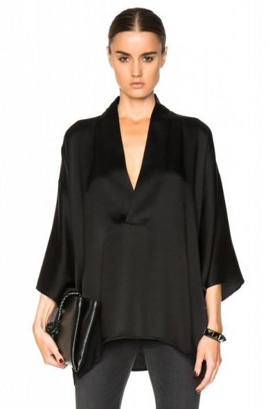 NILI LOTAN BLACK SILK KIMONO TOP WITH ASYMMETRIC HEM. Oriental style fashion | silky designer tops | wide sleeve blouses - flipped