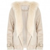 River Island faux fur jackets. Nude faux suede jacket with buckle cuffs | womens autumn/winter outerwear | hooded | casual chic street style