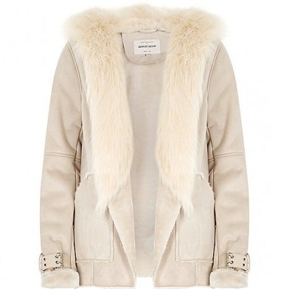 River Island faux fur jackets. Nude faux suede jacket with buckle cuffs | womens autumn/winter outerwear | hooded | casual chic street style - flipped
