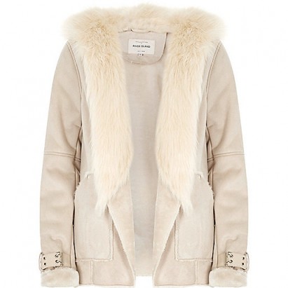 River Island faux fur jackets. Nude faux suede jacket with buckle cuffs | womens autumn/winter outerwear | hooded | casual chic street style