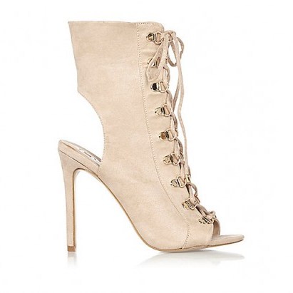 RIVER ISLAND Nude lace-up shoe boots – faux suede – peep toe booties – luxe style ankle boots – on trend footwear - flipped